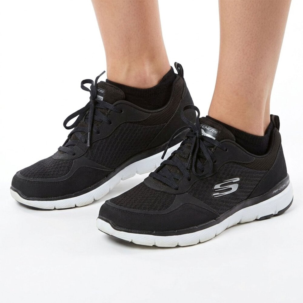 Skechers Flex Appeal 3.0 Black Sneakers Leather Textile Memory Foam Lace Up